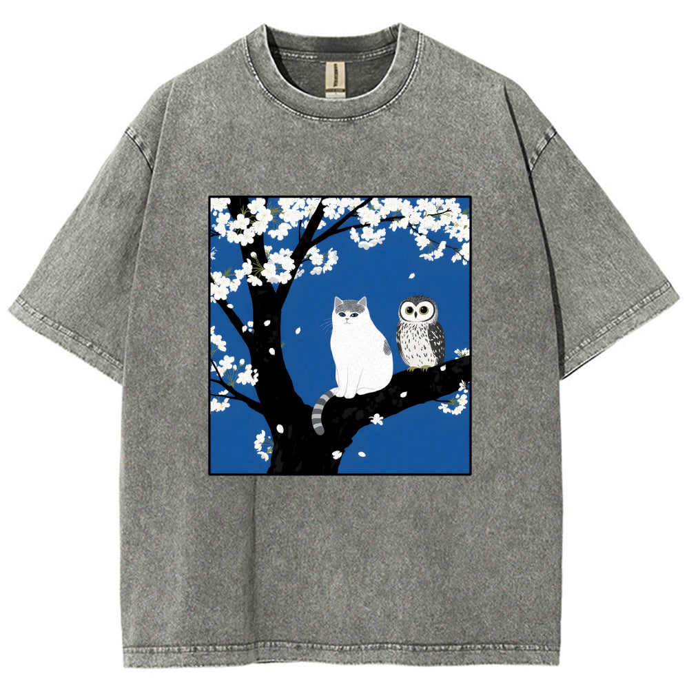 Unisex Cat And Owl Under Sakura Printed Washed Tee