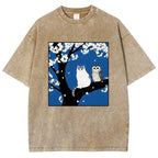 Unisex Cat And Owl Under Sakura Printed Washed Tee