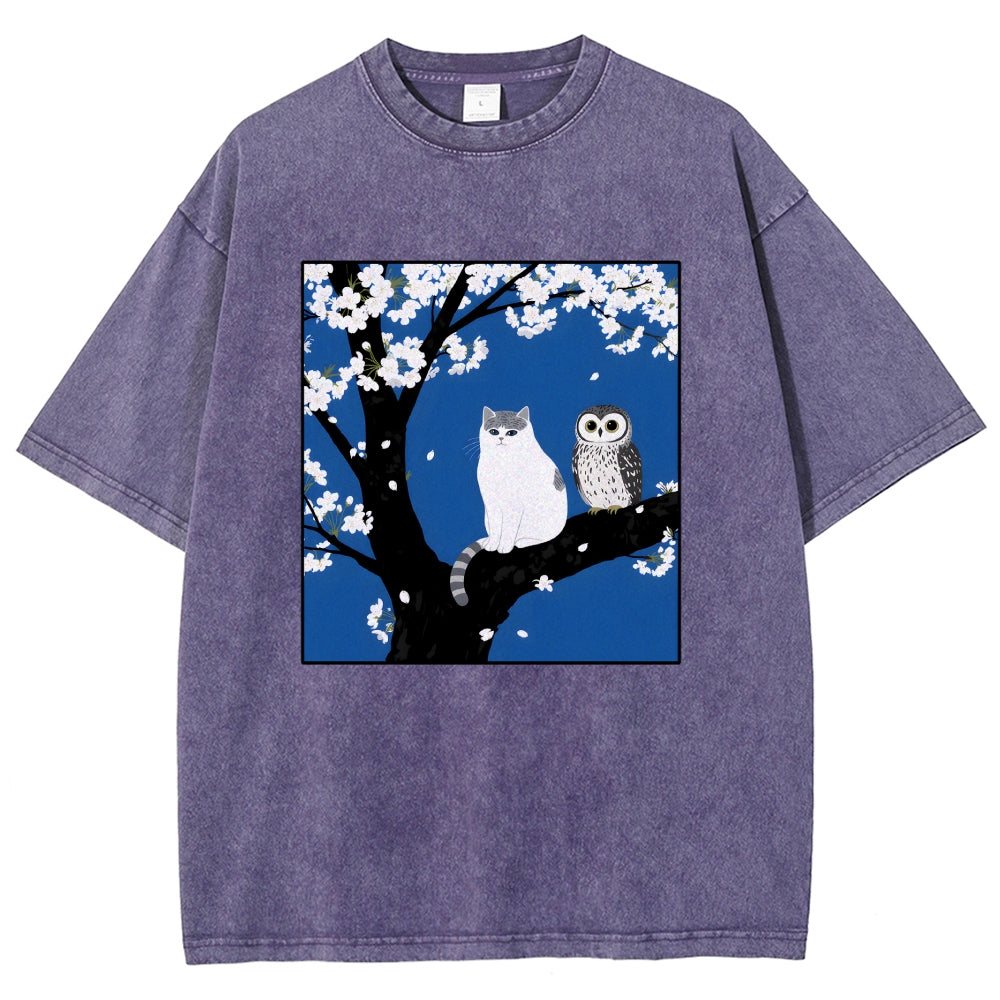 Unisex Cat And Owl Under Sakura Printed Washed Tee