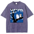 Unisex Cat And Owl Under Sakura Printed Washed Tee