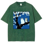 Unisex Cat And Owl Under Sakura Printed Washed Tee