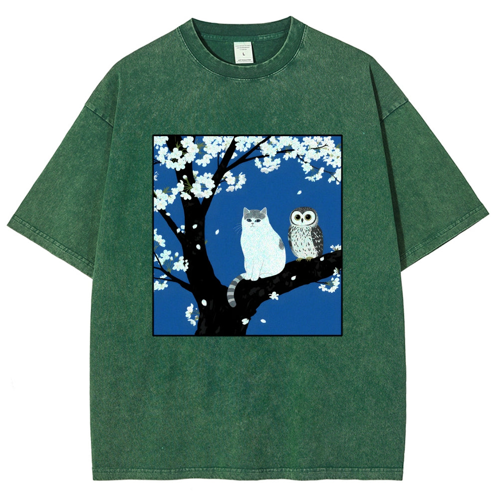 Unisex Cat And Owl Under Sakura Printed Washed Tee