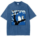 Unisex Cat And Owl Under Sakura Printed Washed Tee