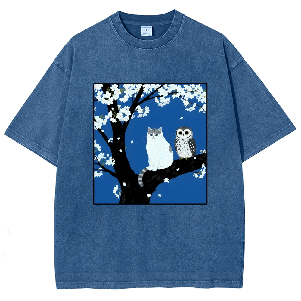 Unisex Cat And Owl Under Sakura Printed Washed Tee