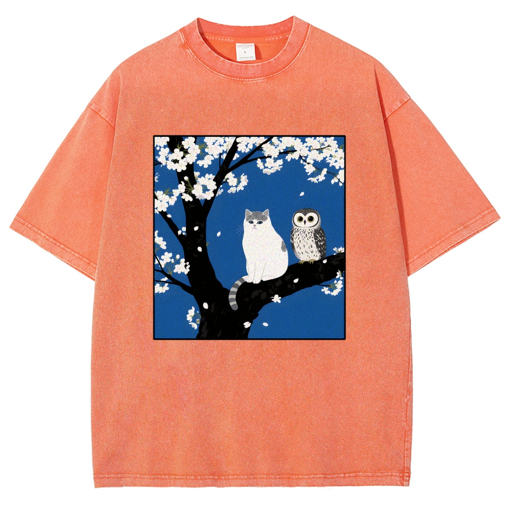 Unisex Cat And Owl Under Sakura Printed Washed Tee