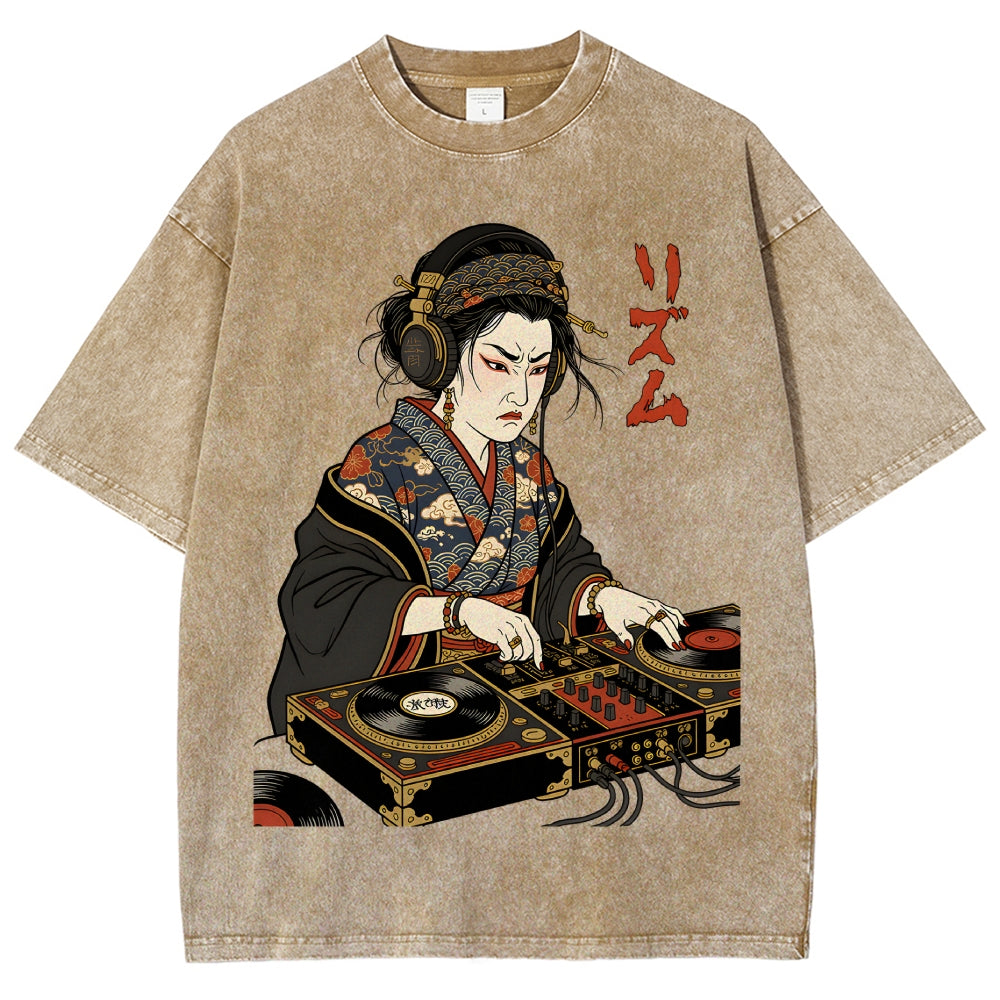Unisex Geisha DJ Rhythm Printed Washed Tee