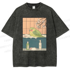 Unisex Parakeet in Bathtub Ukiyo-e Printed Washed Tee