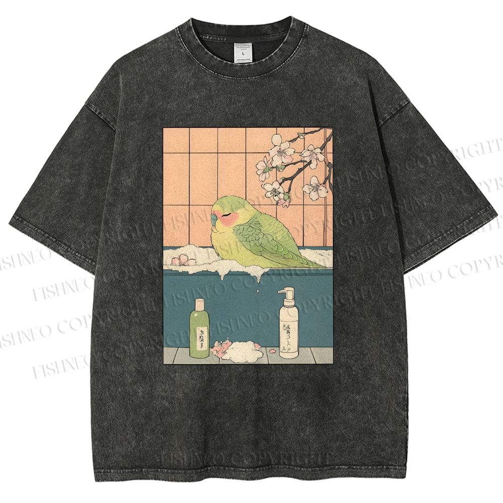 Unisex Parakeet in Bathtub Ukiyo-e Printed Washed Tee