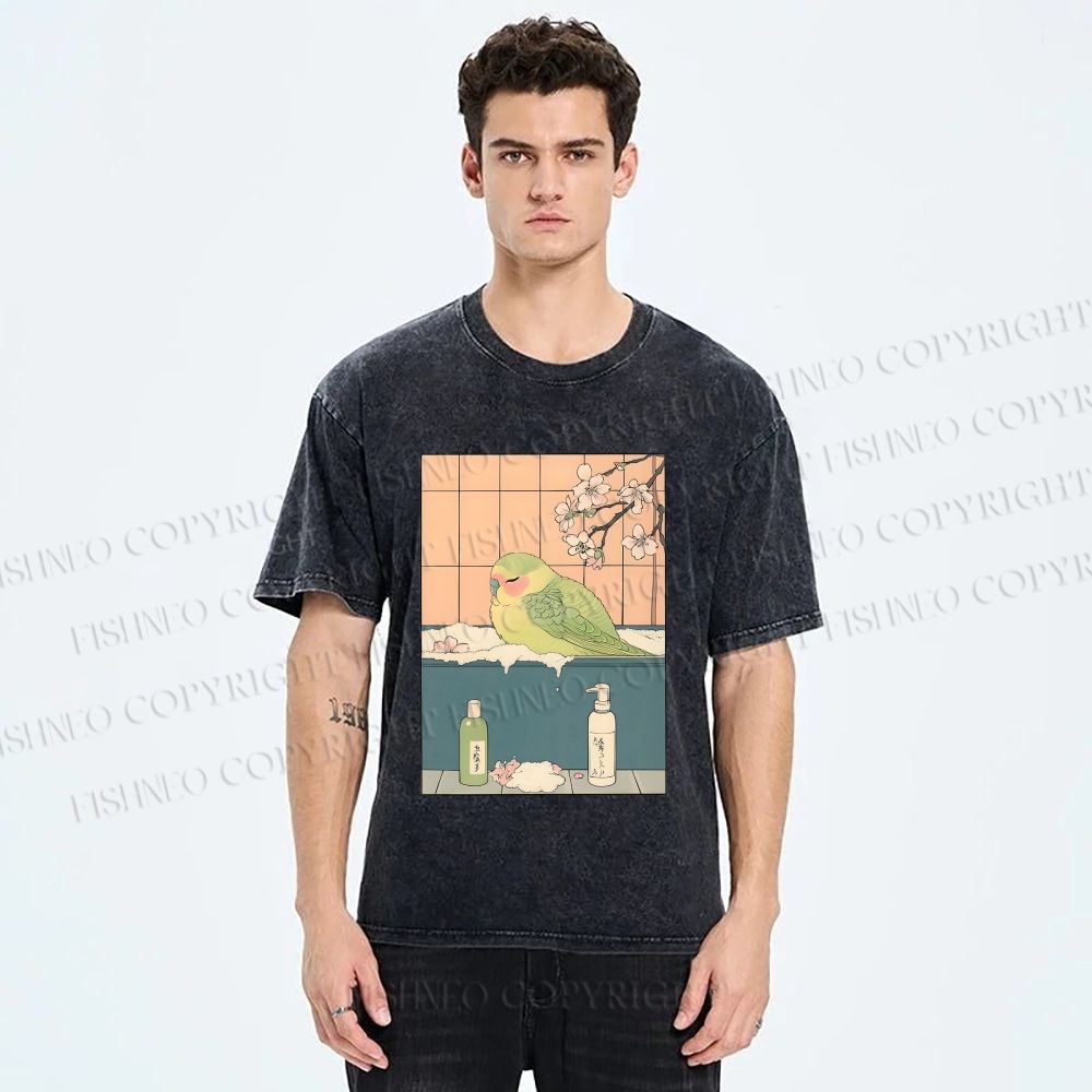 Unisex Parakeet in Bathtub Ukiyo-e Printed Washed Tee