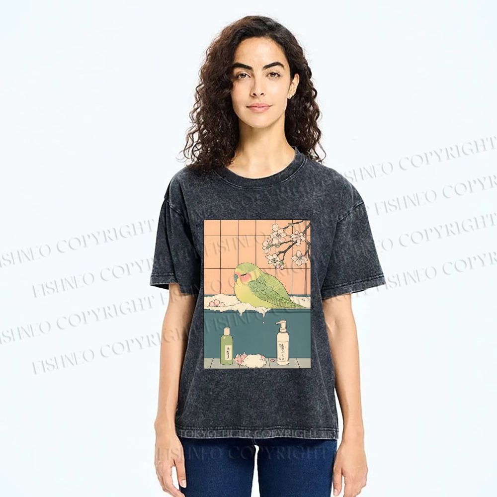 Unisex Parakeet in Bathtub Ukiyo-e Printed Washed Tee