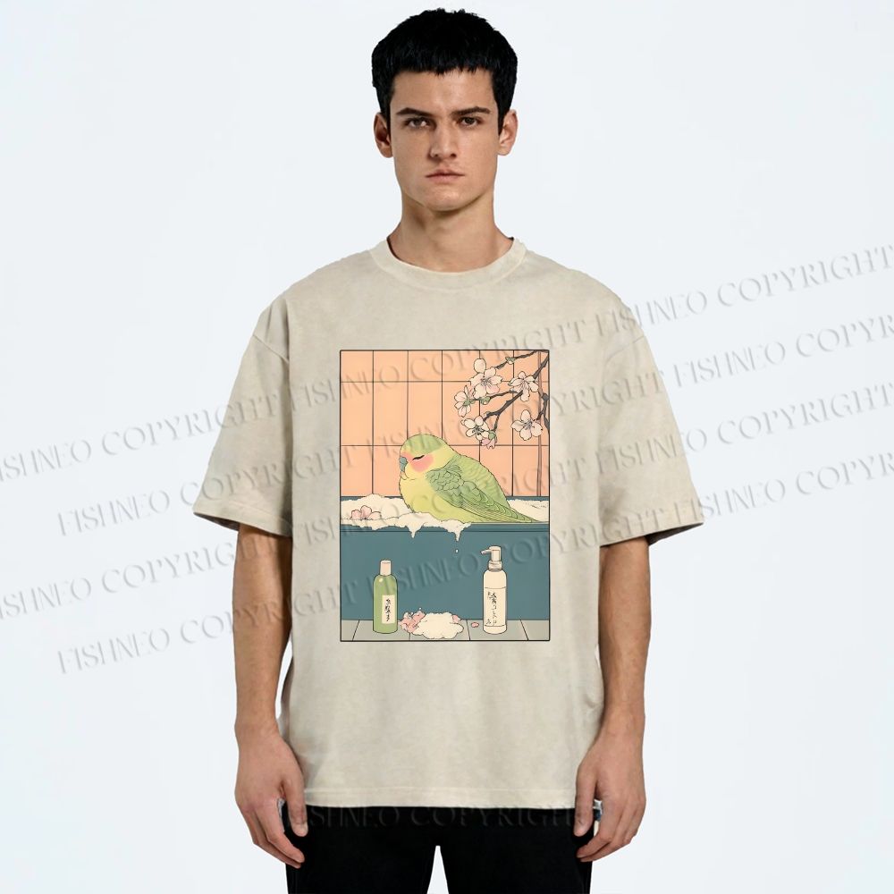 Unisex Parakeet in Bathtub Ukiyo-e Printed Washed Tee
