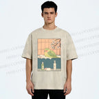 Unisex Parakeet in Bathtub Ukiyo-e Printed Washed Tee