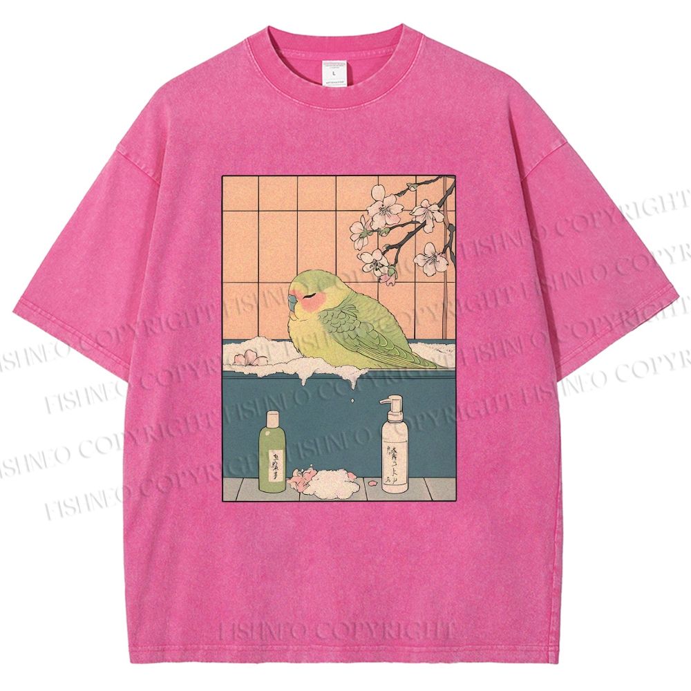 Unisex Parakeet in Bathtub Ukiyo-e Printed Washed Tee