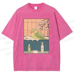 Unisex Parakeet in Bathtub Ukiyo-e Printed Washed Tee