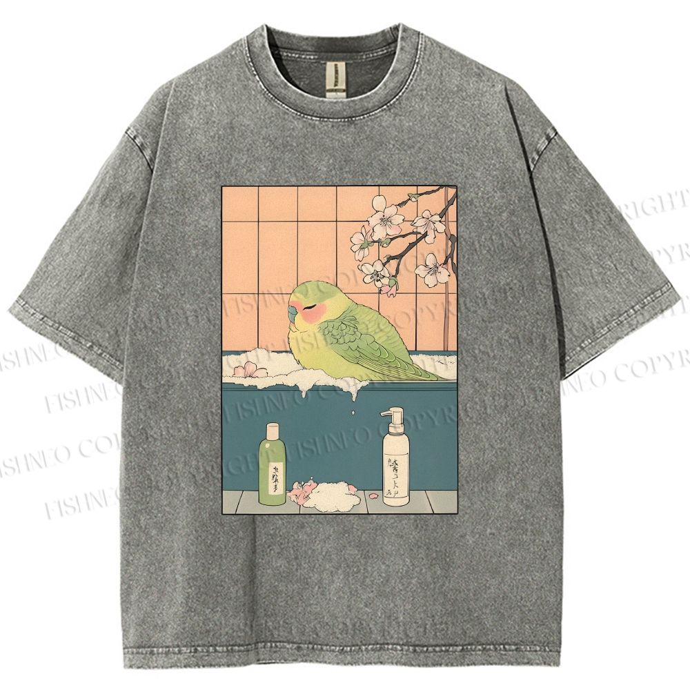 Unisex Parakeet in Bathtub Ukiyo-e Printed Washed Tee