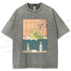 Unisex Parakeet in Bathtub Ukiyo-e Printed Washed Tee