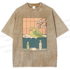 Unisex Parakeet in Bathtub Ukiyo-e Printed Washed Tee