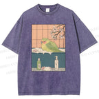 Unisex Parakeet in Bathtub Ukiyo-e Printed Washed Tee