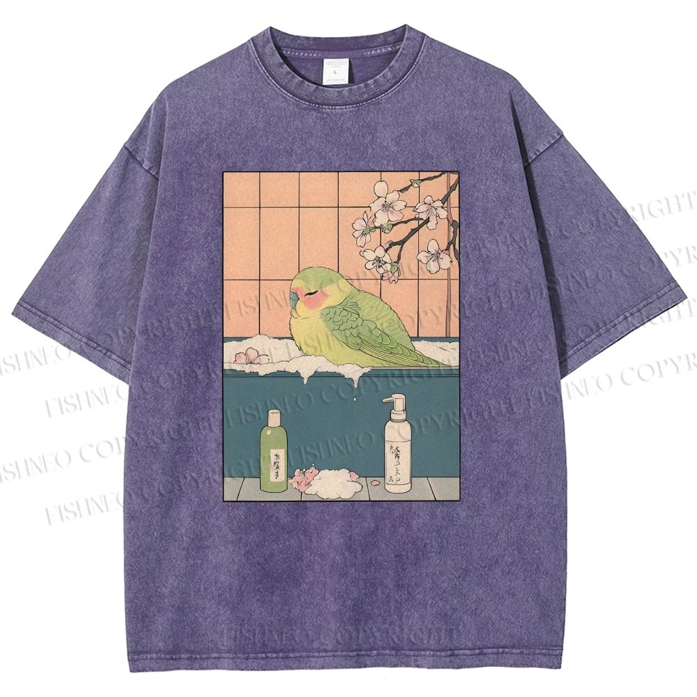 Unisex Parakeet in Bathtub Ukiyo-e Printed Washed Tee