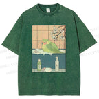 Unisex Parakeet in Bathtub Ukiyo-e Printed Washed Tee