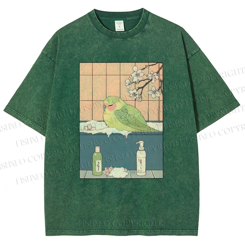 Unisex Parakeet in Bathtub Ukiyo-e Printed Washed Tee