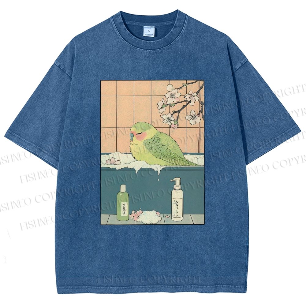 Unisex Parakeet in Bathtub Ukiyo-e Printed Washed Tee