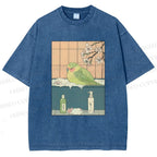 Unisex Parakeet in Bathtub Ukiyo-e Printed Washed Tee