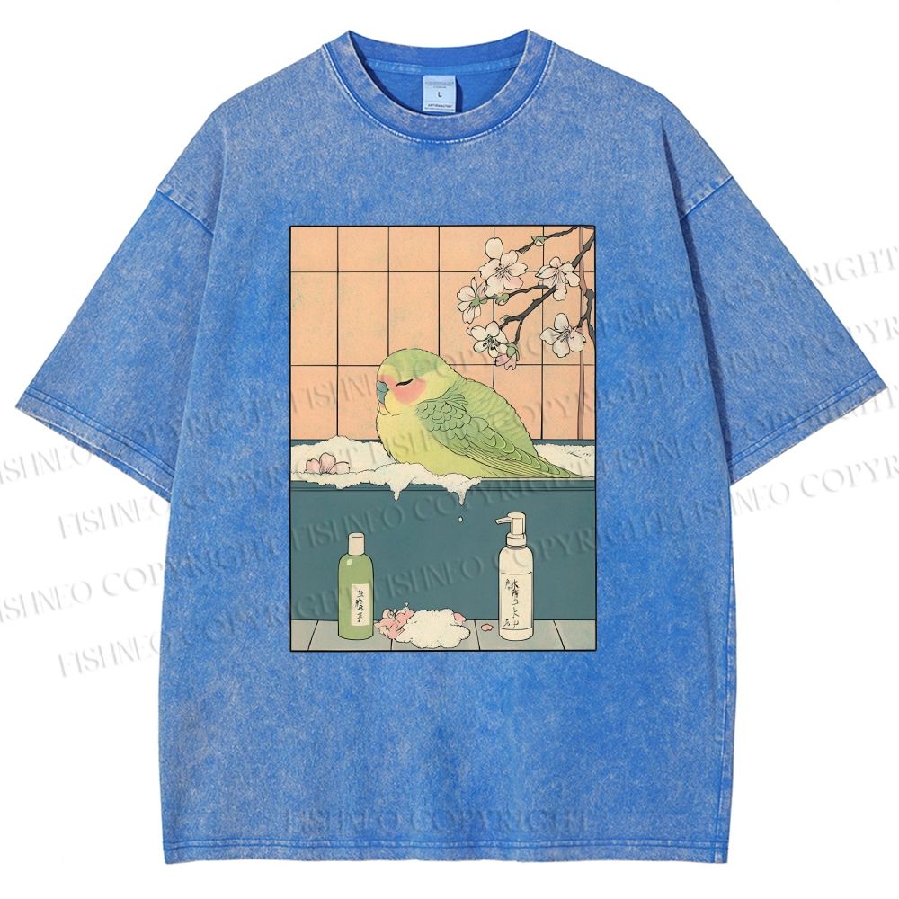 Unisex Parakeet in Bathtub Ukiyo-e Printed Washed Tee
