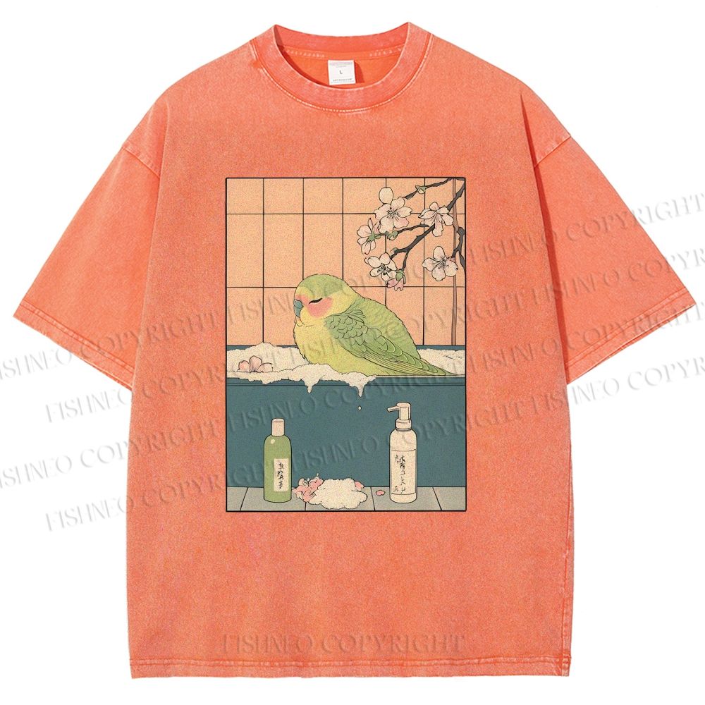 Unisex Parakeet in Bathtub Ukiyo-e Printed Washed Tee