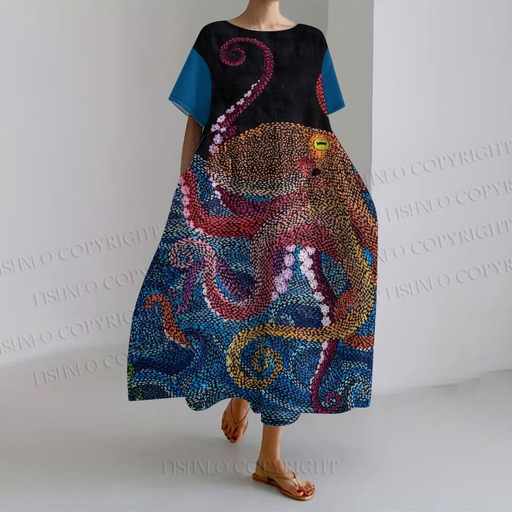 Women's Loose Fit Round Neckstippled Color Octopus Ocean Art Maxi Dress