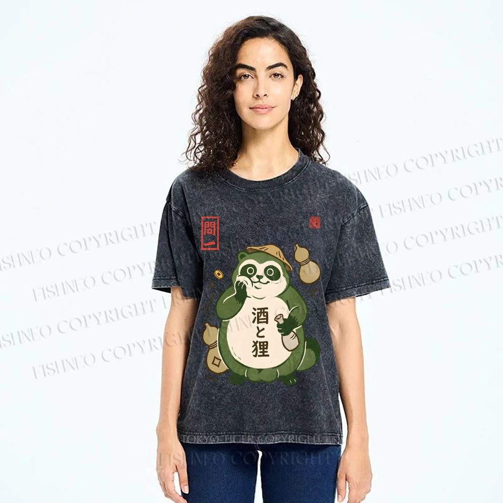 Unisex Drunk Tanuki Printed Washed Tee