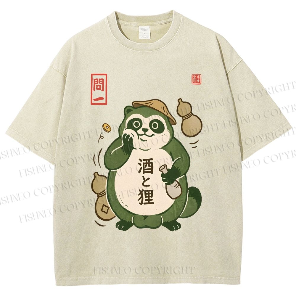 Unisex Drunk Tanuki Printed Washed Tee