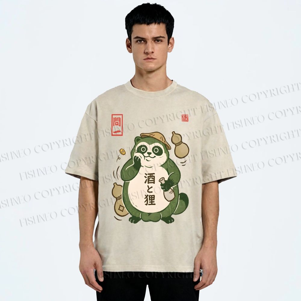 Unisex Drunk Tanuki Printed Washed Tee
