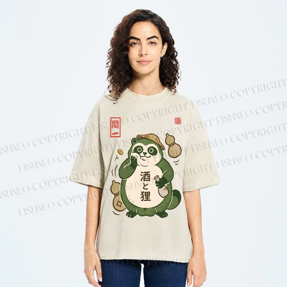 Unisex Drunk Tanuki Printed Washed Tee
