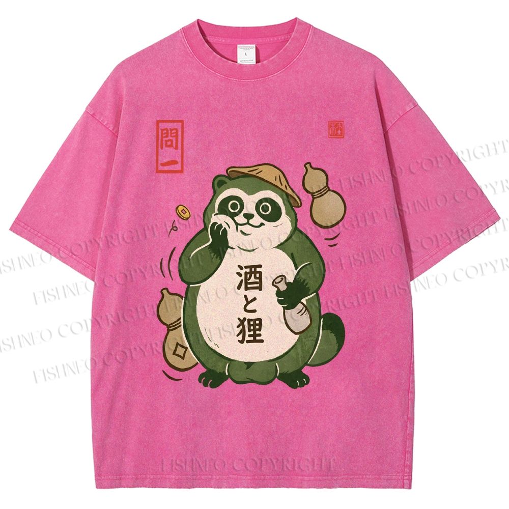 Unisex Drunk Tanuki Printed Washed Tee