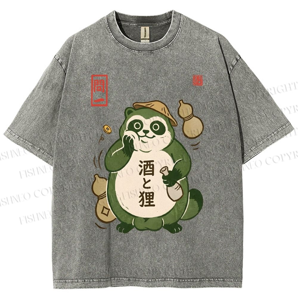 Unisex Drunk Tanuki Printed Washed Tee