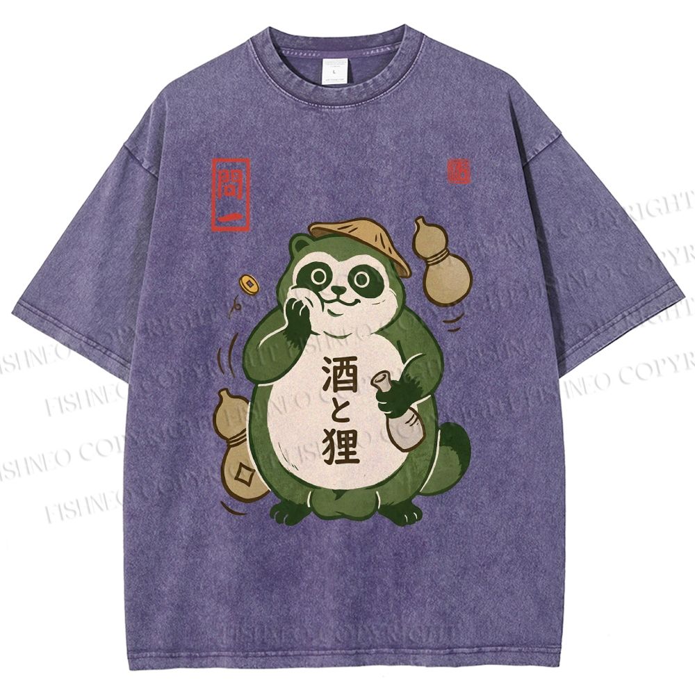 Unisex Drunk Tanuki Printed Washed Tee