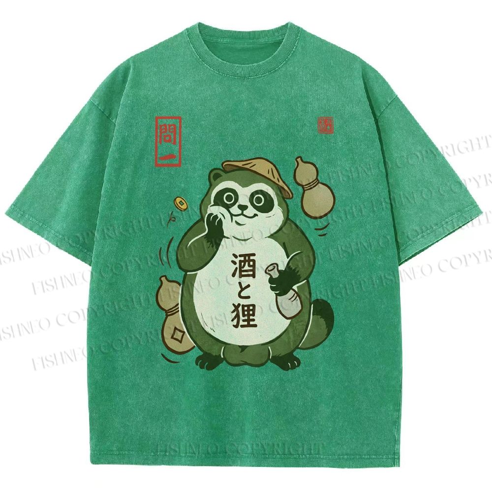 Unisex Drunk Tanuki Printed Washed Tee
