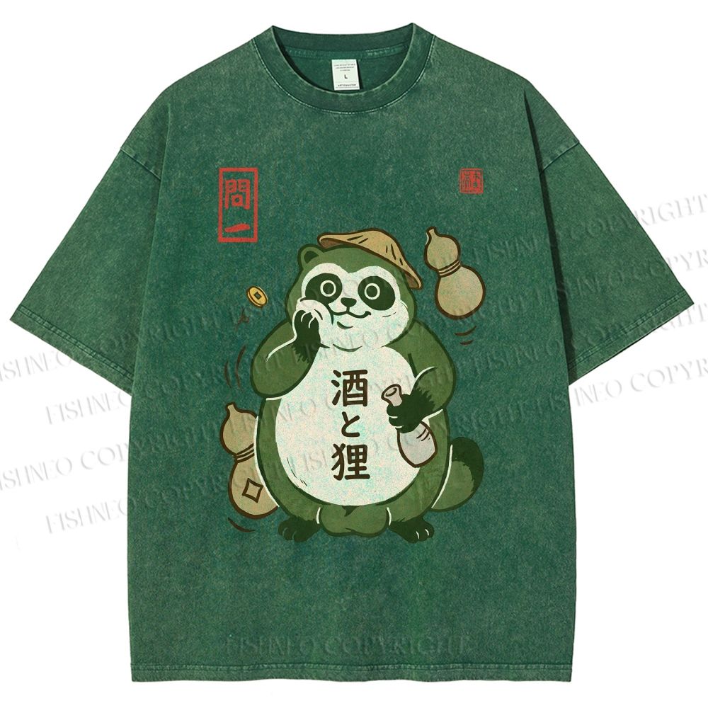 Unisex Drunk Tanuki Printed Washed Tee