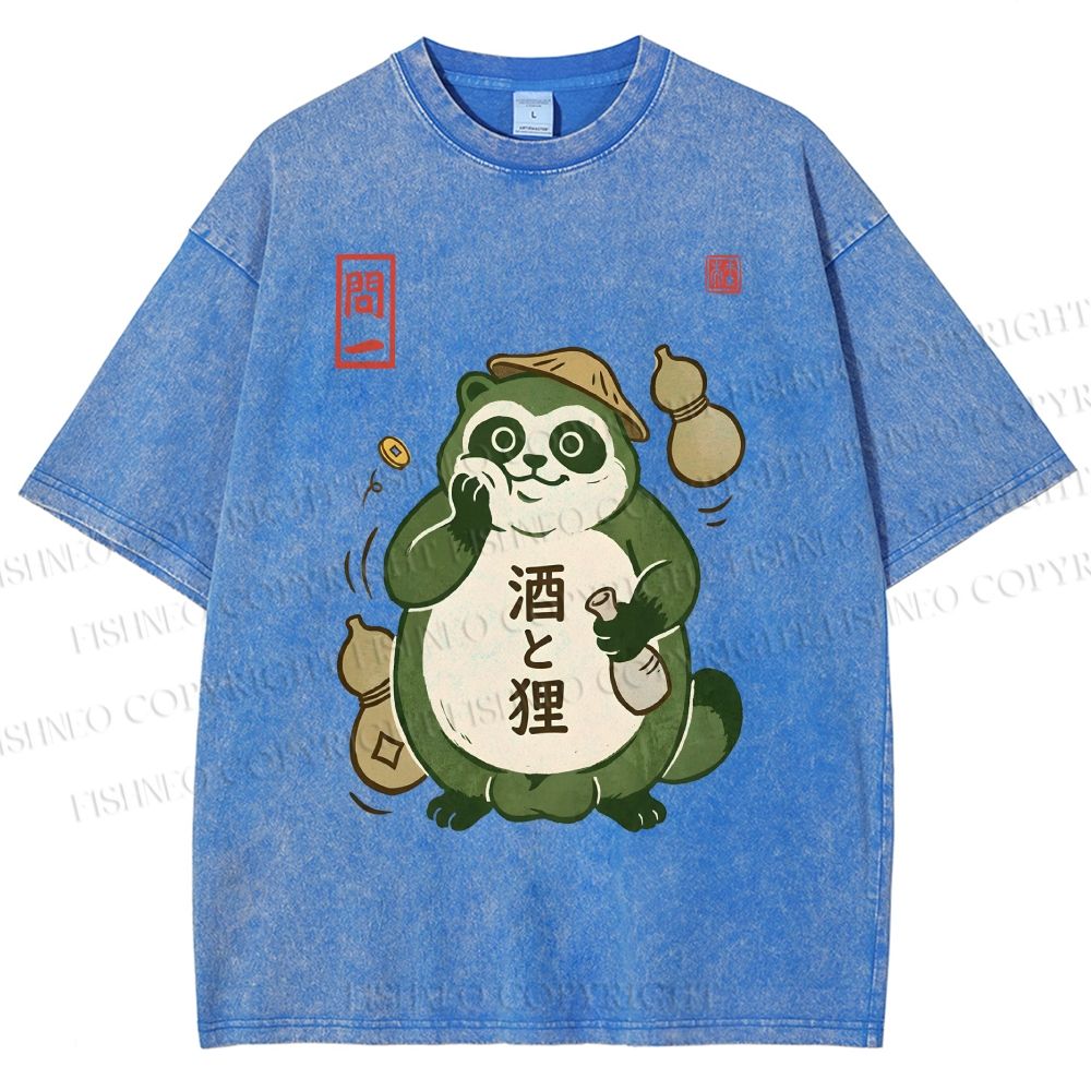 Unisex Drunk Tanuki Printed Washed Tee
