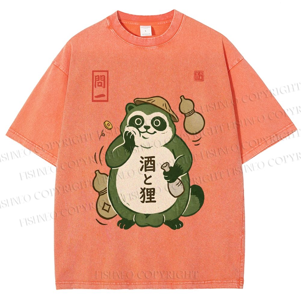 Unisex Drunk Tanuki Printed Washed Tee