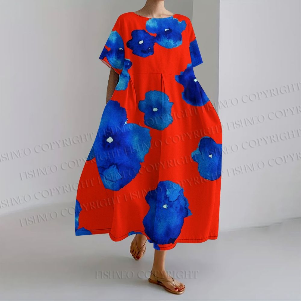 Women's Loose Fit Round Neck Red Base Blue Watercolor Floral Maxi Dress