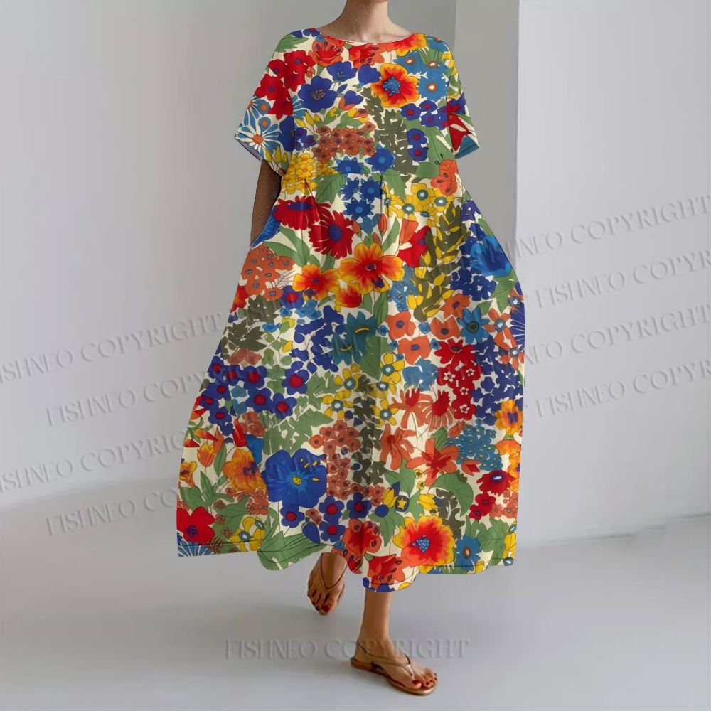 Women's Loose Fit Round Neckvintage Boho Colorful Floral Maxi Dress