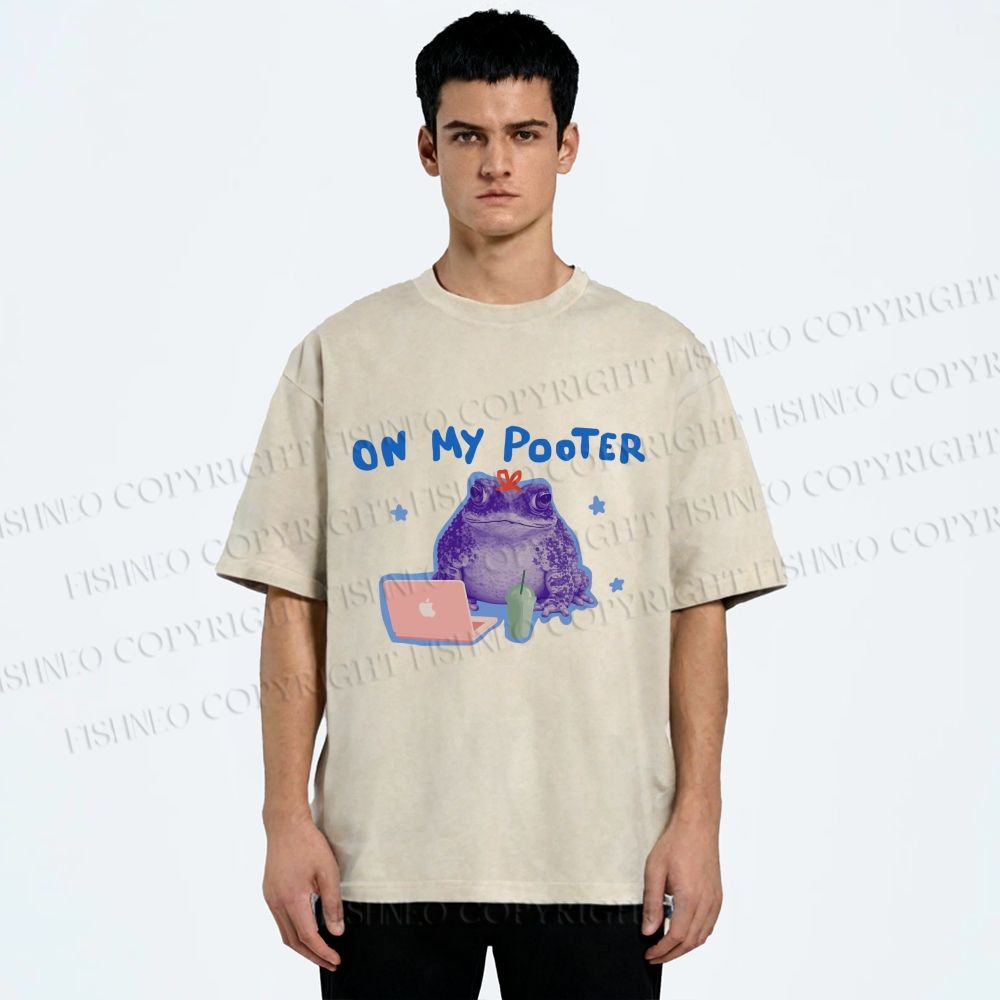 Unisex On My Pooter Work Frog Printed Washed Tee