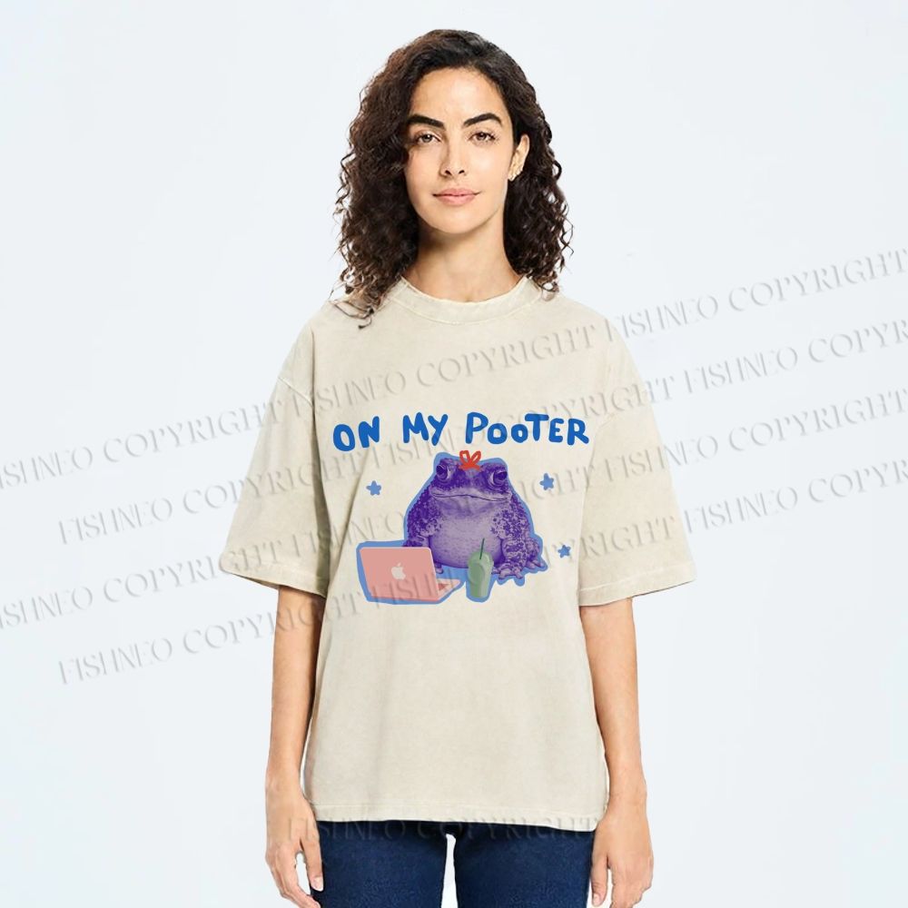Unisex On My Pooter Work Frog Printed Washed Tee