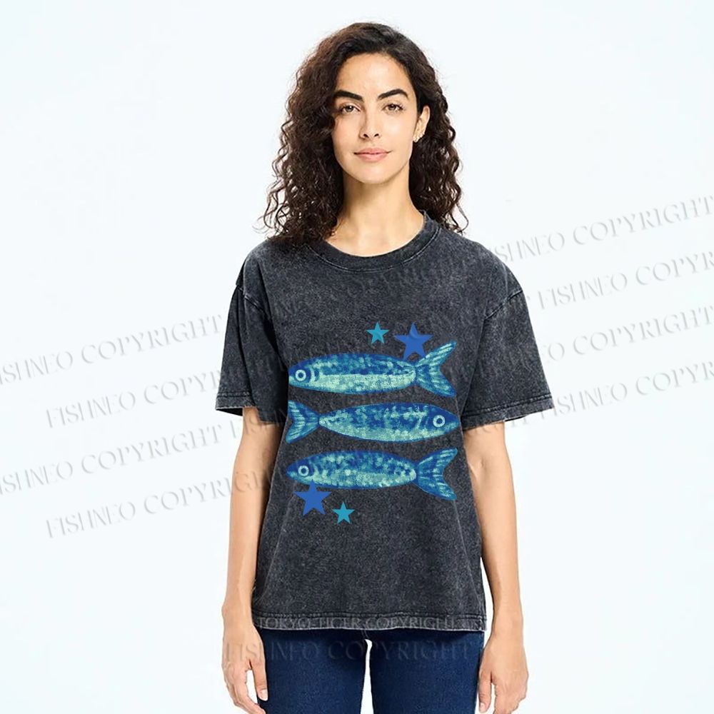 Unisex Vintage Ocean Star Fish Printed Washed Tee