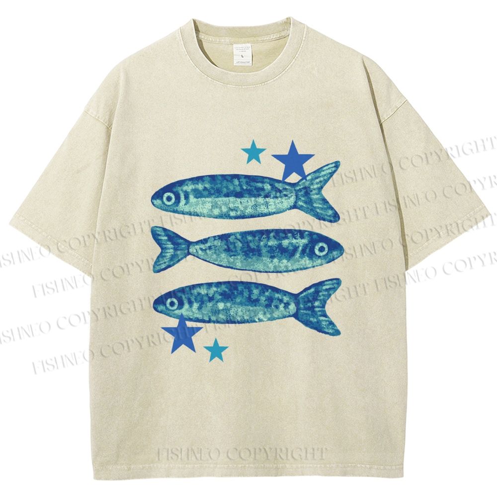 Unisex Vintage Ocean Star Fish Printed Washed Tee