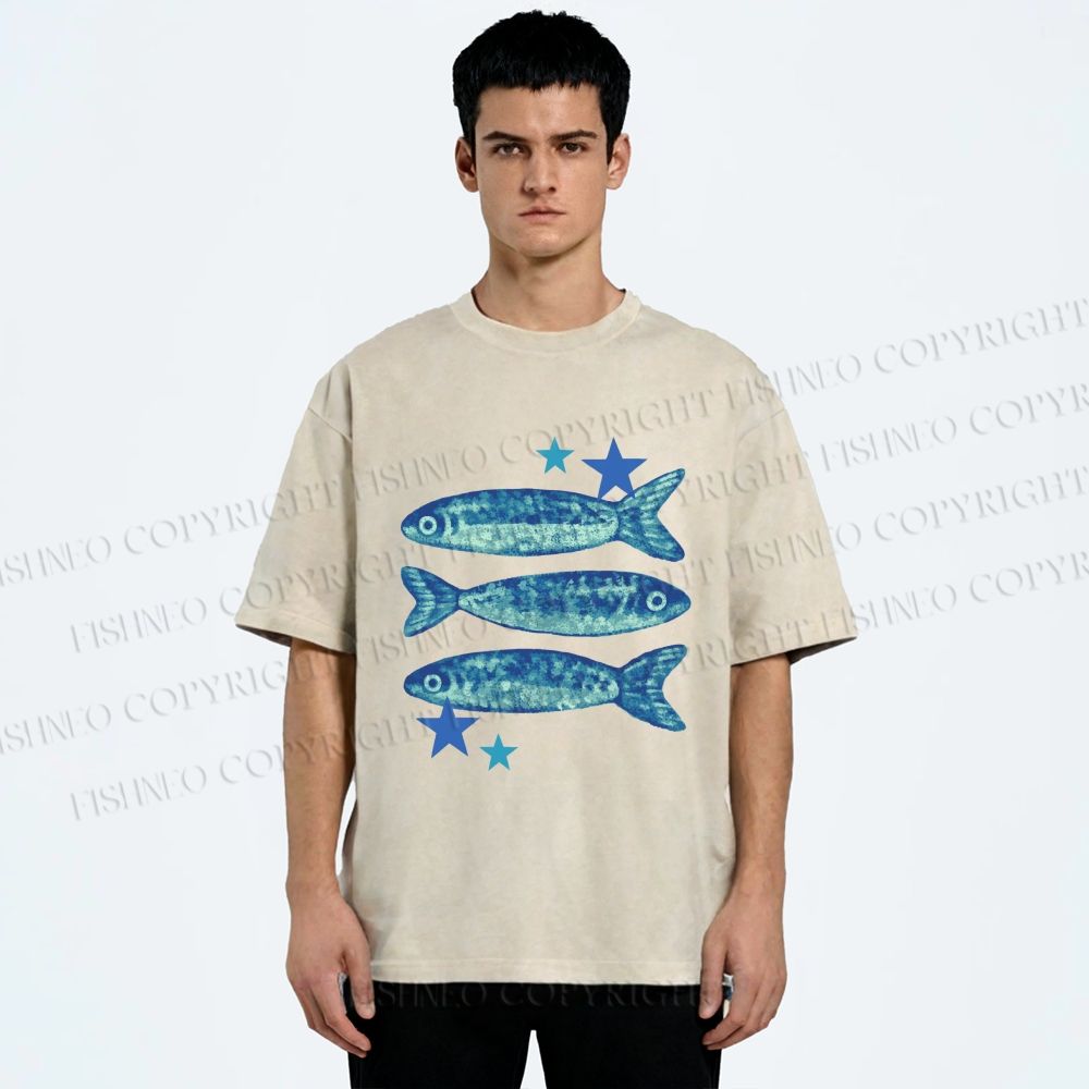 Unisex Vintage Ocean Star Fish Printed Washed Tee