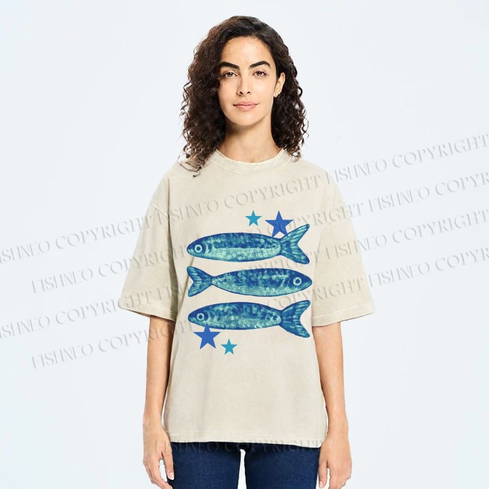 Unisex Vintage Ocean Star Fish Printed Washed Tee