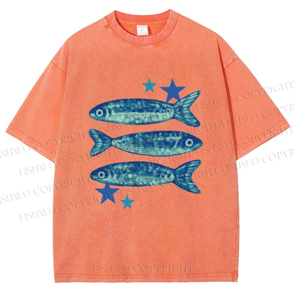 Unisex Vintage Ocean Star Fish Printed Washed Tee